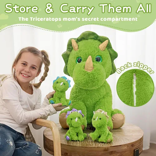Vista 3 de Muiteiur Triceratops - Animal de peluche gigante de dinosaurio para mamá con 3 bebés pequeños, juguete de dinosaurio de felpa suave verde, regalo