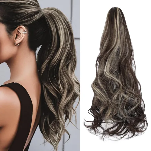Vista 13 de Felendy Extensión de cola de caballo de 18 pulgadas, mezcla de rubio ceniza, marrón oscuro, rizado, ondulado, con clip, extensiones de cabello largo