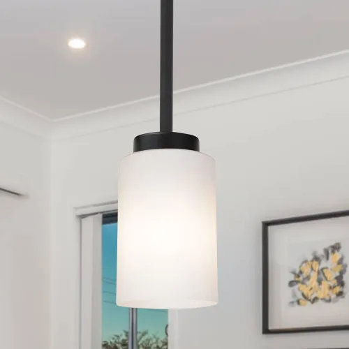 Vista 5 de TODOLUZ Luminaria Colgante Negra con Cristal Blanco Ópal, Mini Candelabro de Estilo Rústico para Isla de Cocina y Pasillo