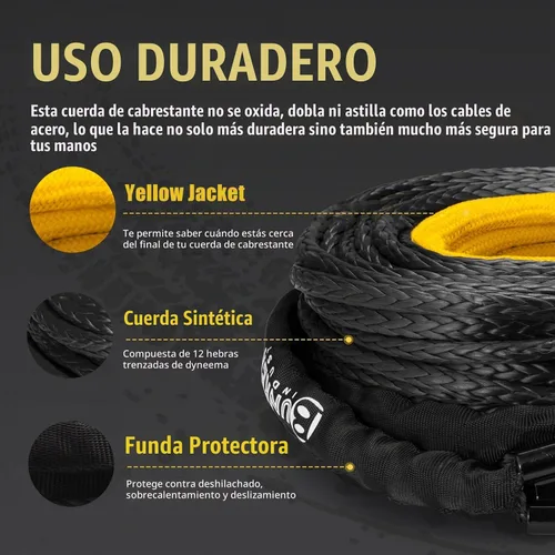 Vista 2 de BUNKER INDUST Cuerda de cabrestante sintética de 3/8 pulgadas x 85 pies, cable de cabrestante de 25000 libras de repuesto con funda protectora