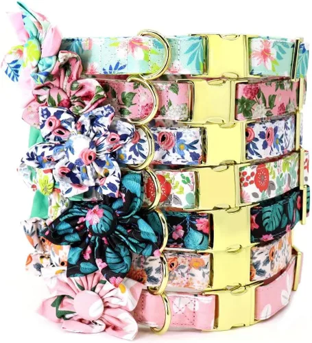 Vista 5 de Collares de perro femeninos Beirui con patrones florales vibrantes, collar de perro hembra con flores para caminar, collar ajustable duradero