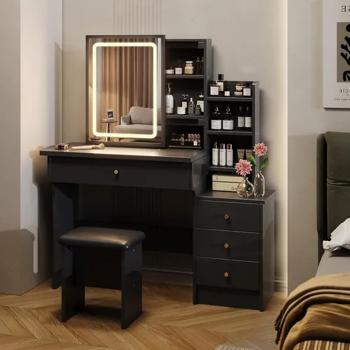 Vista 8 de Escritorio de tocador con espejo y luces, tocador de maquillaje con 3 modos de iluminación ajustables, escritorio de tocador pequeño con espejo