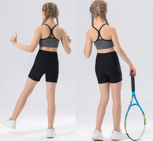 Vista 4 de Yilisha Paquete de 2 pantalones cortos deportivos para niñas de 4 pulgadas, pantalones cortos de voleibol para bicicleta, pantalones cortos