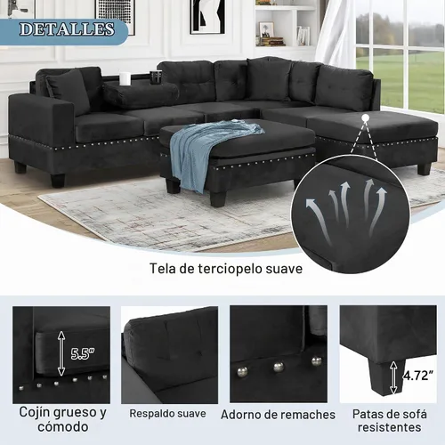 Vista 6 de P PURLOVE Sofá seccional con diván reversible y 2 almohadas (negro)