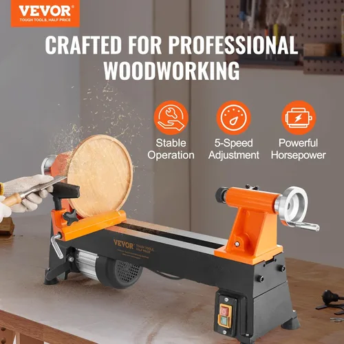 Vista 2 de VEVOR Torno de Madera de Sobremesa, 10 pulgadas x 18 pulgadas, 0.5 HP 370W Máquina de Torno para Madera, 5 Velocidades Variables