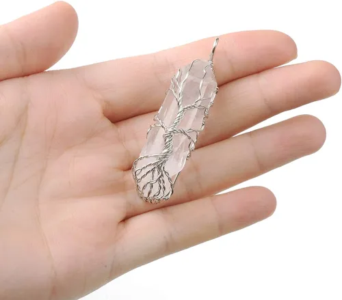 Vista 2 de Top Plaza - Collar de cristal curativo de piedra natural cruda, diseño de árbol de la vida, envuelto en alambre, con dije de cuarzo transparente