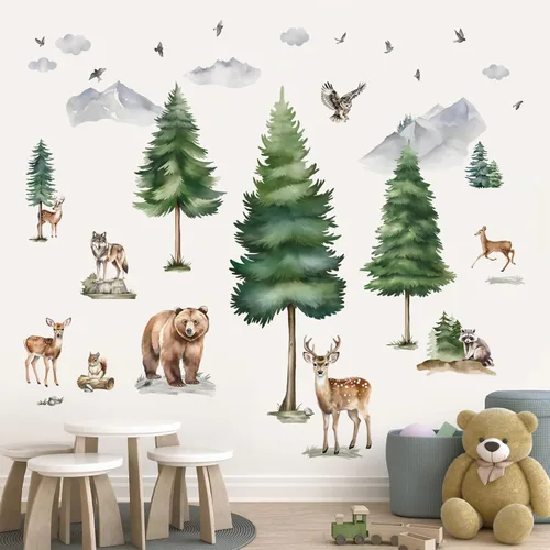 Vista 7 de Wondever Adhesivos de pared de árbol de montaña, árbol grande de pino, pegatinas de pared de arte con animales del bosque, oso, zorro, quitar