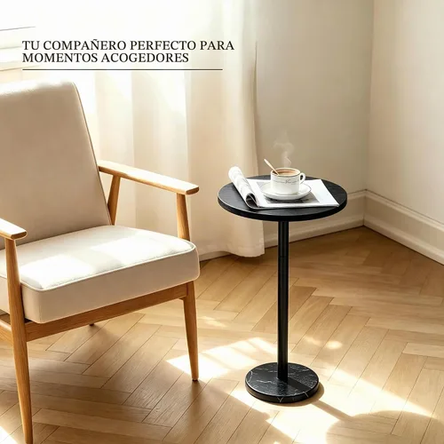 Vista 5 de smusei Mesas de bebidas para espacios pequeños, mesa auxiliar de pedestal con base de mármol, pequeña mesa auxiliar redonda negra para sofá, silla