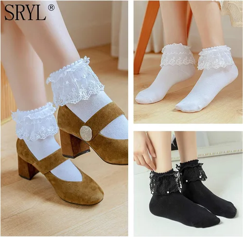 Vista 3 de SRYL Calcetines de tobillo con perlas y volantes para mujer, calcetines de algodón lindos para mujer, calcetines de encaje de princesa