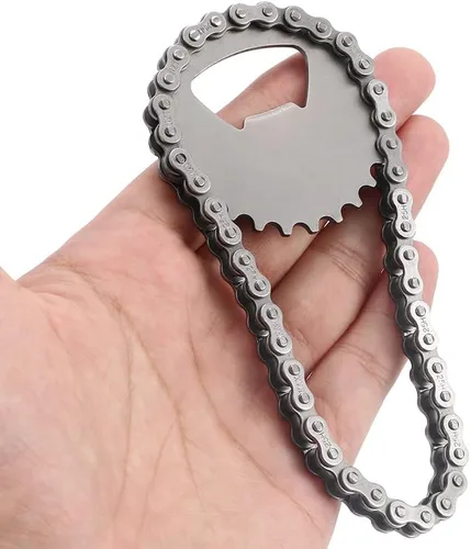 Vista 4 de Pokinge Abrebotellas con engranaje de cadena, abridor de cerveza de metal plateado, novedad para bicicleta, cadena de bebidas, abrebotellas