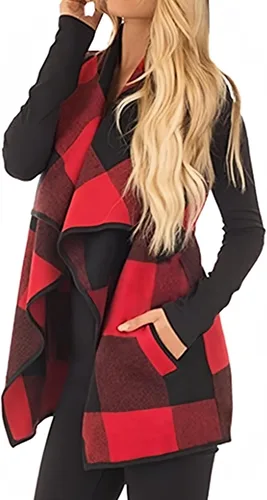 Vista 2 de Unidear - Chaleco con diseño de lana cuadriculada para mujer, chaqueta tipo cárdigan sin mangas, con solapa, frente abierto y bolsillos