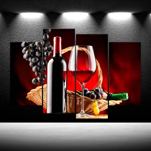 Vista 2 de iKNOW FOTO 4 piezas de decoración de pared de cocina, vino negro y rojo, uvas, lienzo, ilustración, botella de vino, pintura, impresión de arte