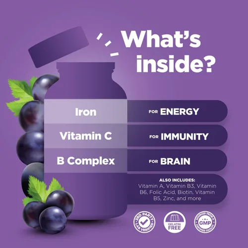 Vista 3 de Gomitas de hierro multivitamínico natural para adultos, vitaminas gomosas para adultos con hierro y vitaminas del complejo B que aumentan