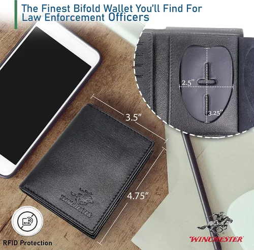 Vista 5 de Winchester Billetera de cuero genuino de grano completo con identificación de policía RFID, se adapta a cualquier forma de insignia con un pin