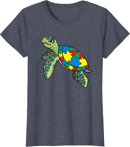 Vista 51 de Turtle Puzzle Pieces for Autism Awareness Kids Women Teacher T-Shirt Asphalt Grey