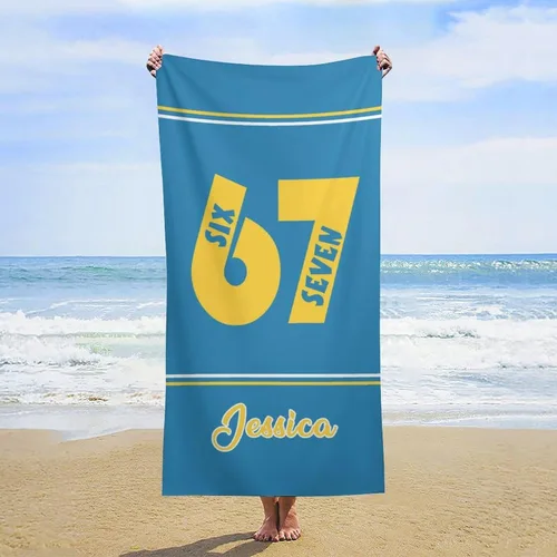 Vista 18 de Toalla de playa de béisbol personalizada con nombre, divertidas toallas de playa personalizadas de 67 memes para niños, toallas número seis siete