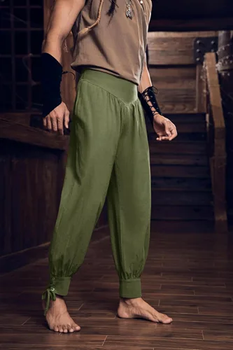 Vista 3 de Pantalones de tobillo medievales para hombre, disfraz de pirata vikingo, renacentista, con cordones, con bandas cónicas