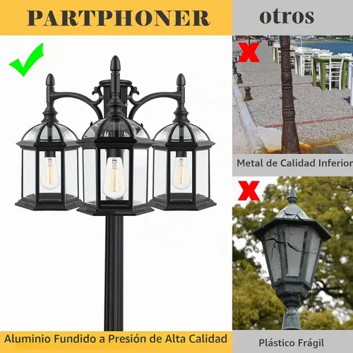Vista 3 de Lámpara de poste de luz para exteriores del atardecer al amanecer con 3 bombillas LED, poste de luz de calle de aluminio de triple cabezal