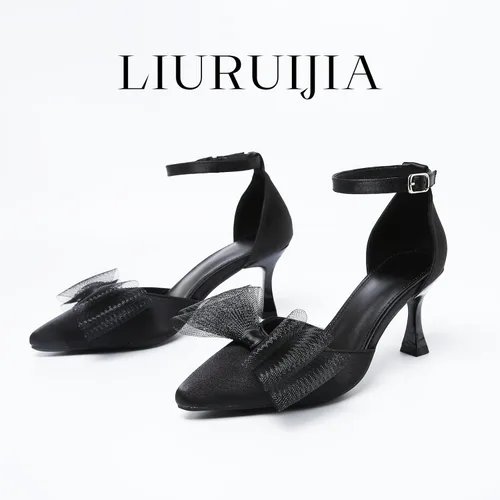 Vista 2 de LIURUIJIA Zapatos de tacón bajo con tiras cerradas para mujer, con puntera puntiaguda, lazos de malla, correa para el tobillo, vestido sexy D'Orsay