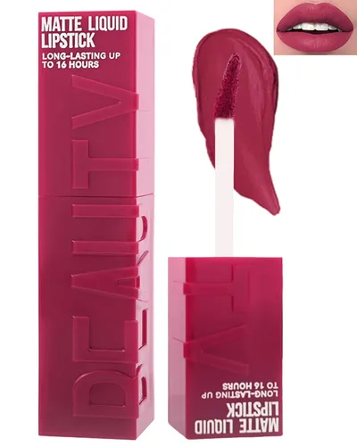 Vista 9 de Lápiz labial líquido mate para mujeres - 2 unidades, rosa nude y rojo vino, tinte labial altamente pigmentado, brillo labial mate aterciopelado