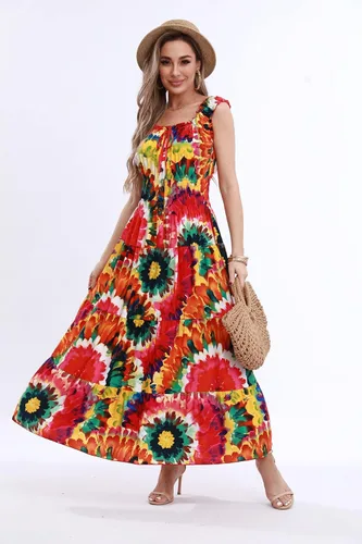 Vista 2 de OSTOO Vestido largo de verano 2024 con estampado floral bohemio y holgado para mujer