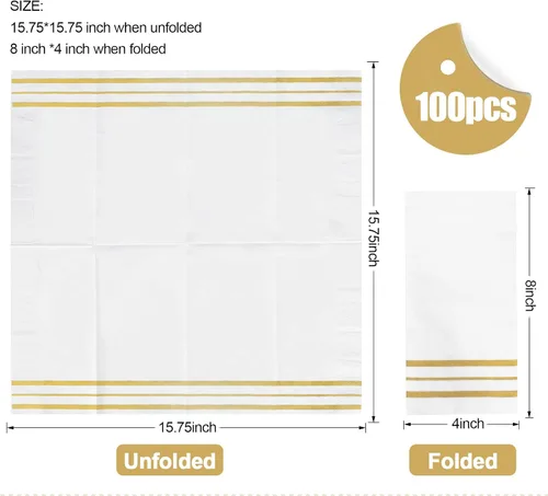 Vista 3 de 100 piezas de servilletas blancas y doradas, servilletas de papel para cena, toallas de mano desechables para baño, suaves, absorbentes, servilletas