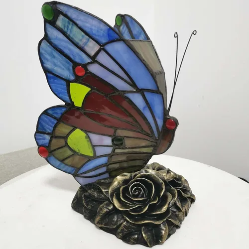 Vista 3 de Bieye L10042 Mariposa estilo Tiffany Lámpara de mesa con acento de vitral, luz nocturna para mesita de noche, dormitorio, sala de estar