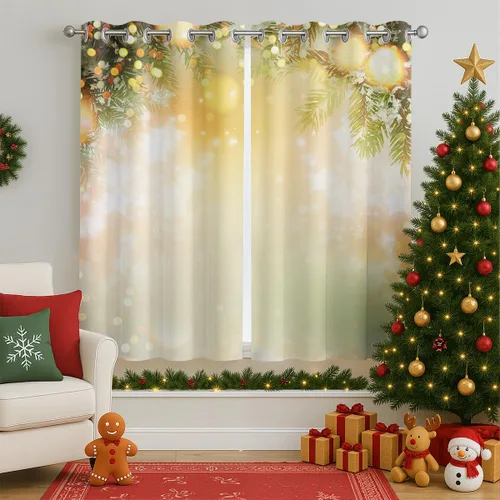Vista 2 de Cortinas opacas de Navidad para niñas y niños, decoración del hogar, decoración navideña, árbol de acebo, estrella, Navidad, ojales, cortinas