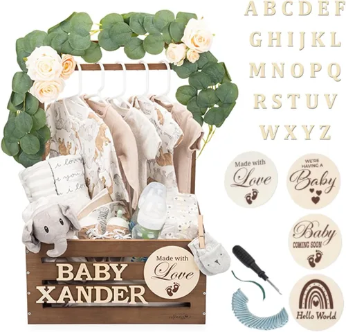 Vista 9 de Armario de madera para baby shower, cesta personalizada para baby shower, quemado con parte delantera de acrílico transparente