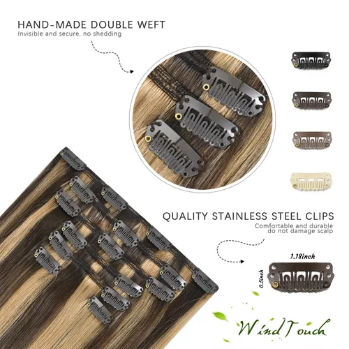 Vista 54 de WindTouch - Extensiones de cabello humano real con clip, color marrón claro a rubio con reflejos #6P613, 22 pulgadas, 4.33 onzas, 7 piezas #6p613