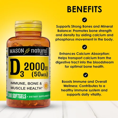 Vista 2 de MASON NATURAL Vitamina D3 2,000 UI Ultra Fuerza, Apoya la Densidad Ósea, Fuerza y Salud Inmune, 300 Cápsulas Blandas