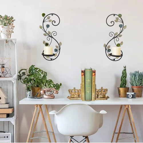 Vista 5 de Juego de 2 candelabros de pared, diseño de ramas de hojas multicolor antiguas, soporte de pared de metal para colgar velas para sala de estar