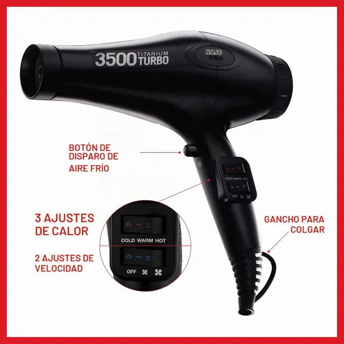 Vista 3 de Red Pro Secador de pelo de 3500 W Turbo Titanium con peine desenredante, cabello liso de secado rápido, multiajuste, botón de disparo frío, secadora