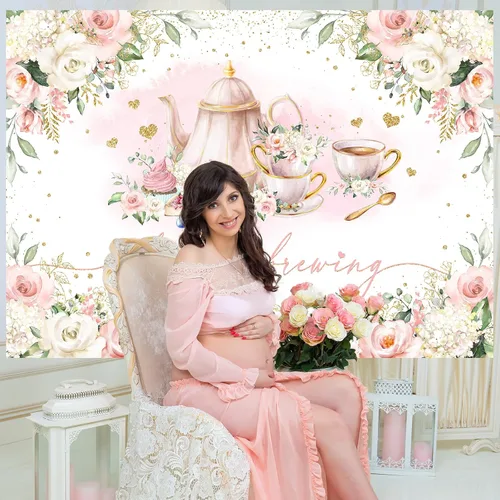 Vista 4 de Avezano Fondo de fiesta de té con texto en inglés "A Baby is Brewing", decoración de fiesta de té para niñas, decoración de fiesta de baby shower