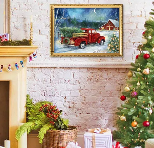 Vista 3 de RUIHA Kit de pintura de diamantes de Navidad, kit de arte de diamantes de invierno para adultos, pintura 5D de camión rojo con taladro completo