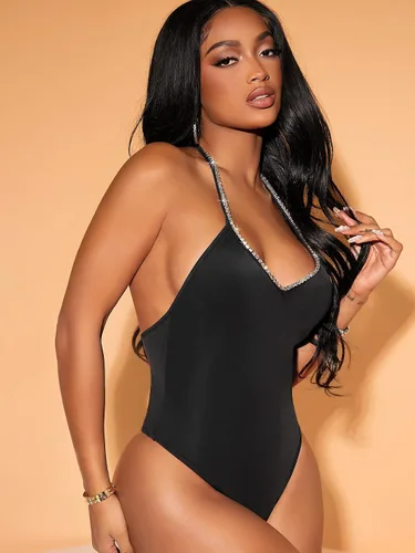 Vista 3 de SheIn Body halter sin mangas con espalda abierta para mujer con diamantes de imitación sólido leotardo