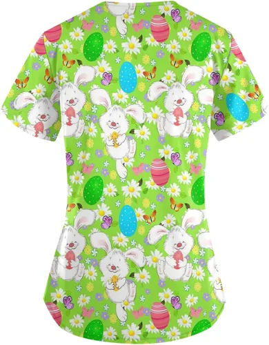 Vista 2 de Camiseta de Pascua para mujer, para trabajo, Pascua, talla grande, manga corta, divertido bolsillo, elástico, ajuste cuadrado