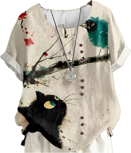 Vista 14 de domirica Flower Bird Printed Loose Boho Shirts Women Plus Size Summer Crew Neck Short Sleeve Blouses Colorido