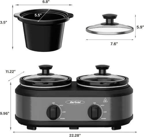 Vista 5 de Sunvivi Doble olla de cocción lenta, servidor de buffet y calentador con 2 ollas de cerámica extraíbles, 3 ajustes de temperatura ajustables y 2 Gris