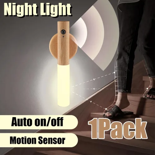 Vista 7 de Luces nocturnas con sensor de movimiento de madera LANDGOO Aplique de pared con pilas inalámbrico recargable LED para pasillo de cuerpo magnético