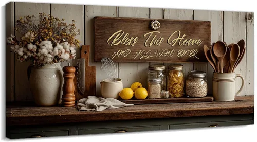 Vista 47 de TIMUBA Decoración de pared de cocina de granja, arte de pared de cocina con texto en inglés "Bless This Home and All Who Enter Kitchen Blessing