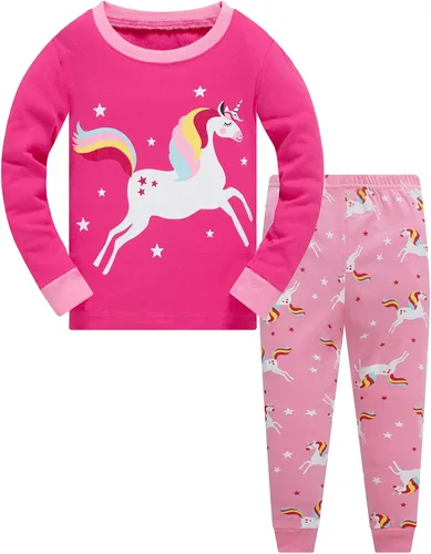 Vista 23 de Popshion Pijamas de sirena para niñas pequeñas, juego de 2 piezas, ropa de dormir 100% algodón, ropa para niños, pijamas estilo mariquita
