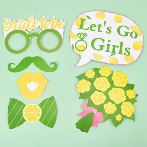Vista 5 de Decoraciones de despedida de soltera de limón con texto en inglés "She Found Her Main Squeeze Photo Booth Props Lemon Citrus Party Supplies - Juego