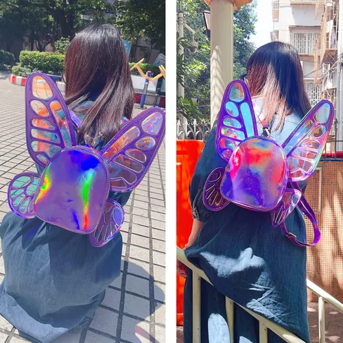 Vista 5 de Mochila holográfica láser para mujer, diseño de alas de ángel de mariposa, casual, mochila de hombro para niñas jóvenes, Morado, S, Mochilas Daypack