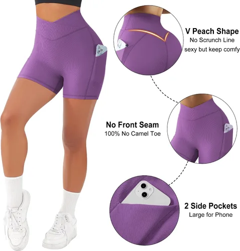 Vista 2 de OMKAGI - Pantalones cortos de entrenamiento de cintura cruzada para mujer con bolsillo, de 5 pulgadas de entrepierna, pantalones cortos de cintura