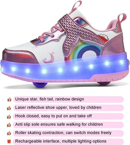 Vista 4 de Zapatos con ruedas para niños y niñas, patines, zapatillas deportivas con luz LED recargable para principiantes, el mejor regalo