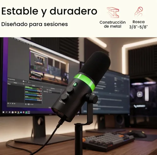 Vista 4 de Pyle Micrófono dinámico USB/XLR para podcasting, transmisión y juegos, micrófono de grabación cardioide con iluminación RGB, botón de silencio