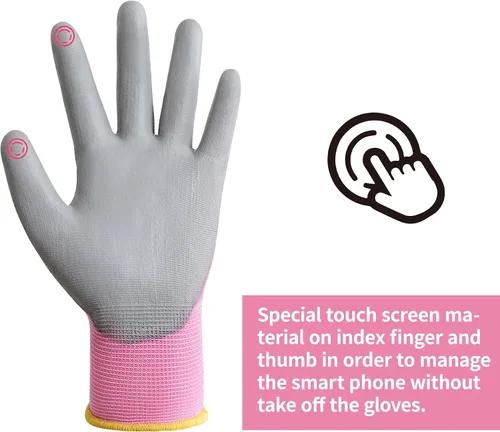Vista 3 de DULFINE Touchscreen Work Gloves for Women 12 Pairs, PU Coated Two Fingers Touchscreen, Bulk Pack, Seamless Knit, Ideal for Light Duty Work
