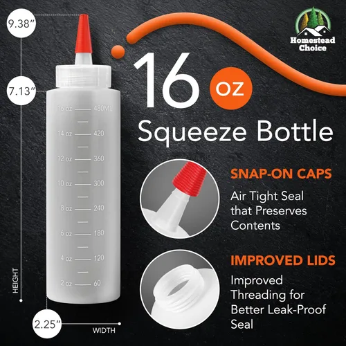 Vista 2 de Homestead Choice Paquete de 2 botellas de plástico exprimibles para salsas, botellas exprimibles de condimentos de 16 onzas para líquidos, botella