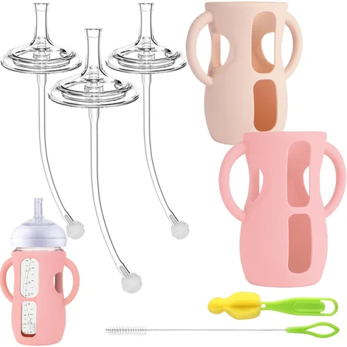 Vista 11 de Kit de Conversión de Vaso con Pajita con Fundas de Silicona para Biberón de Vidrio Natural Avent de 8oz, Kit de Transición de Vasos Entrenadores